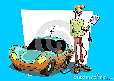Young guy in sunglasses standing near the electric car with a mobile phone, cartoon style painting Stock Photo